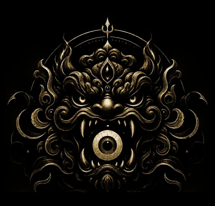 The Evil Eye emblem — a kirtimukha guardian face with a nazar eye at its centre